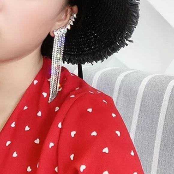 LONG TASSEL STERLING SILVER DIAMOND DROP EARRINGS - Picture 3 of 6